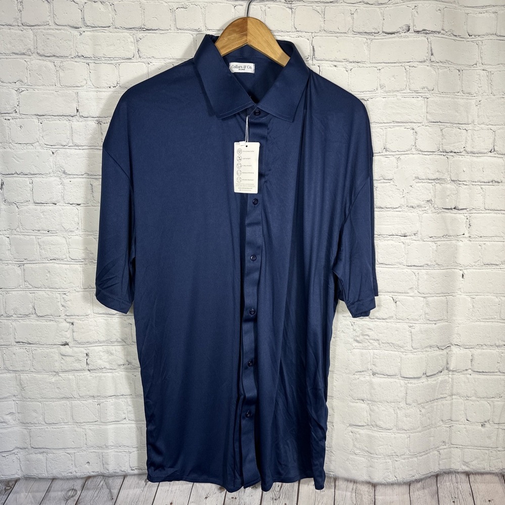 NEW Collars & Co. Dress Polo Collar Shirt 2XL Navy Blue Semi Spread Golf Stretch